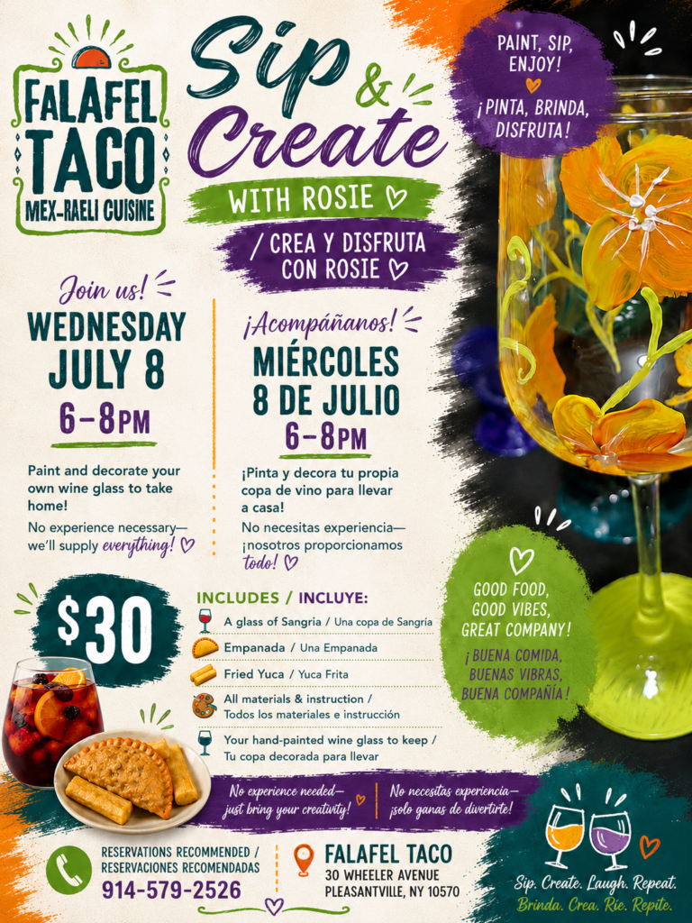 Falafel Taco Sip & Create Event. 30 Wheeler Ave. Wednesday, July 8tth