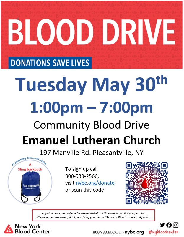 Pleasantville Blood Drive, May 20th at Emanuel Lutheran Church